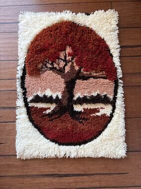 Vintage 1970s Latch Hook Sunset Behind Tree Rug Wall Hanging MCM 34x24